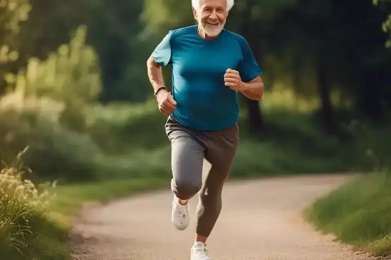 Elderly man in athletic gear jogging on a sunlit forest trail, smiling and enjoying the greenery around.