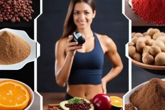 Woman in workout gear holding a shaker bottle, surrounded by various healthy foods and spices like oranges, nuts, and powder.