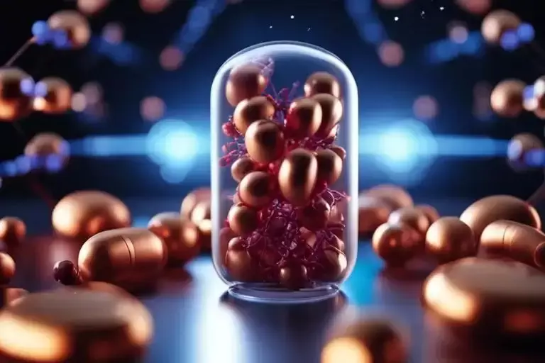 A transparent capsule containing metallic spheres and molecular structures, with a futuristic scientific background.