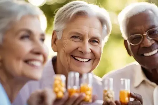Three smiling elderly individuals holding containers of supplements, enjoying a sunny day outdoors.