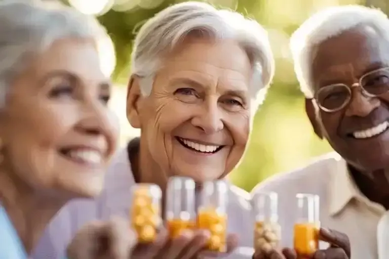 Older adults smiling, holding bottles of supplements, with greenery in the background.