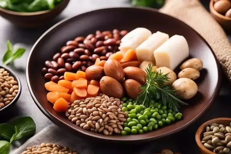 A plate with assorted beans, grains, nuts, diced carrots, peas, potatoes, and garnished herbs.