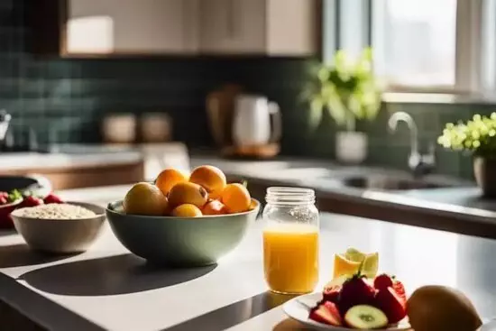 Modern kitchen with a bowl of fresh fruits, a jar of orange juice, and a plate of mixed fruits on the counter, sunlight streaming in.