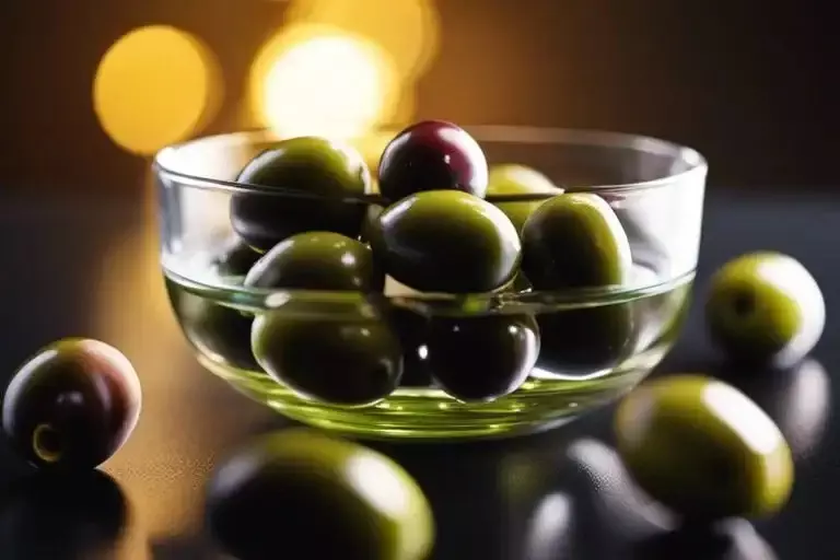 A glass bowl filled with green and purple olives, surrounded by olives on a dark surface with bokeh lights in the background.