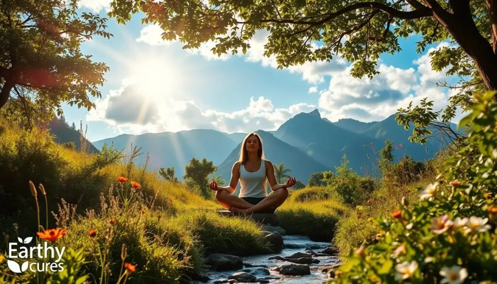 A vibrant, earthy scene showcasing the benefits of natural healing. In the foreground, a serene landscape with lush greenery, wildflowers, and a tranquil stream. Sunlight filters through the canopy, casting a warm, golden glow. In the middle ground, a person sits cross-legged, meditating amidst the natural elements. Their face radiates a sense of inner peace and rejuvenation. In the background, mountains rise up, their rugged peaks silhouetted against a vibrant, cloud-dotted sky. The overall atmosphere is one of harmony, balance, and the restorative power of the natural world. 