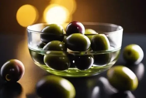 A glass bowl filled with green and purple olives, surrounded by olives on a dark surface with bokeh lights in the background.